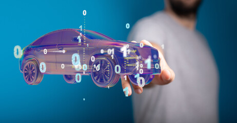 Hologram auto, futuristic polygonal model auto.