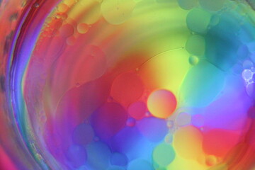 Close view of oil bubble. Macro of colorful oil bubble. Beautiful background of oil bubble. 