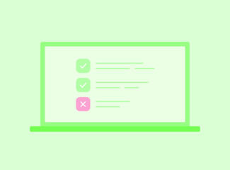 Laptop with online quiz form checklist on screen. Choice and survey. Illustration of checklist online in website, choice and quiz exam list