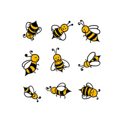 Set of six vector bees on white backgeound