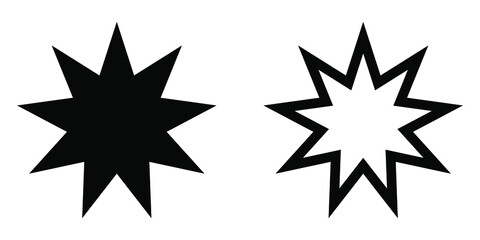 Bahai star. Set of black Bahai stars. Religious symbol of Bahaism. Vector illustration.