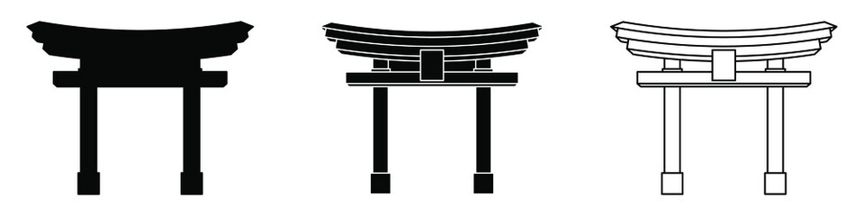 Japanese gate Torii. Torii gate black symbols set. Religious symbol of Shintoism. Vector illustration.