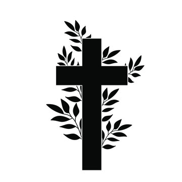 Christian cross with plant. Cross with flowers. Black design of christian cross with branch. Vector illustration