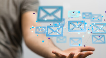 Approved email and spam message displayed on a futuristic interface