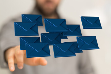 Abstract virtual postal envelopes sketch on blurry office buildings background, e-mail and marketing