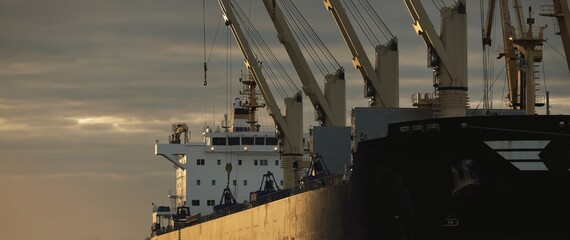 Large cargo ship (bulk carrier) anchored in port at sunset, close-up. Cranes in the background....