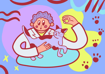 The veterinarian gives medication to a moody cat

