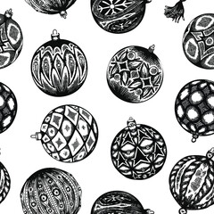 Sketched christmas balls seamless vector pattern. Ink hand drawn christmas tree decoration. Black and white.