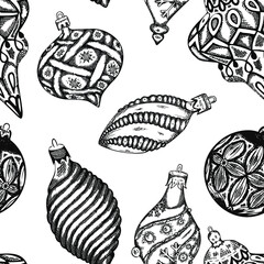 Sketched christmas balls seamless vector pattern. Ink hand drawn christmas tree decoration. Black and white.