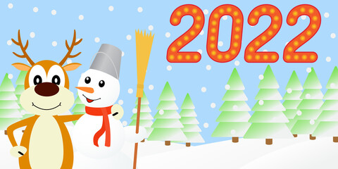 Vector illustration the deer and the snowman.