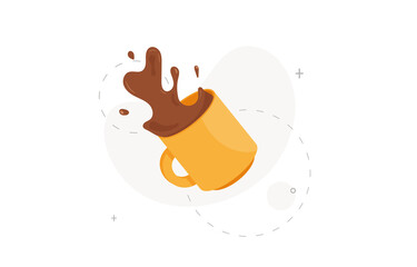 Floating of spill coffee cup illustration in flat design on white background - obrazy, fototapety, plakaty