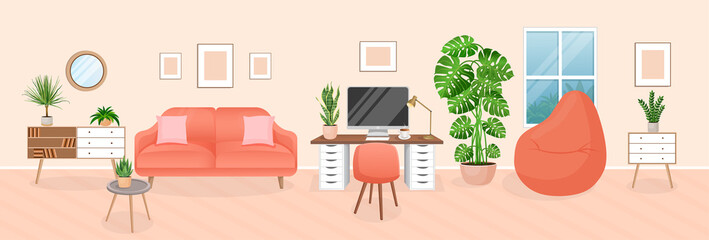 Design of a cozy room for working from home. Office with computer, workplace room, cabinet. Modern living room interior with furniture and house plants. Vector flat style illustration.
