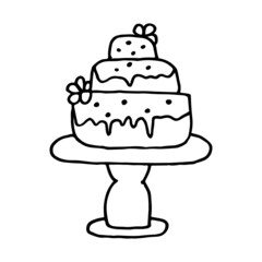 Festive three-tiered cake topped with cream and decorated with flowers on a doodle-style stand. Happy Birthday party. Hand drawn illustration.