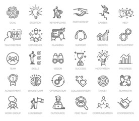 Business teamwork, team building, work group and human resources line web icon set