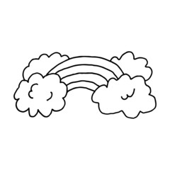 Rainbow in the clouds in doodle style. Hand drawn illustration.