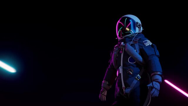 Astronaut in space suit among laser beams. Futuristic background. loop 3d video