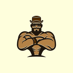 Funny, Cool, Cartoon Cowboy Hipster Body Building Vector Character Illustration