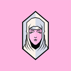 Modern, Geometric Beauty Muslim Woman Face Portrait Icon Character Logo Vector