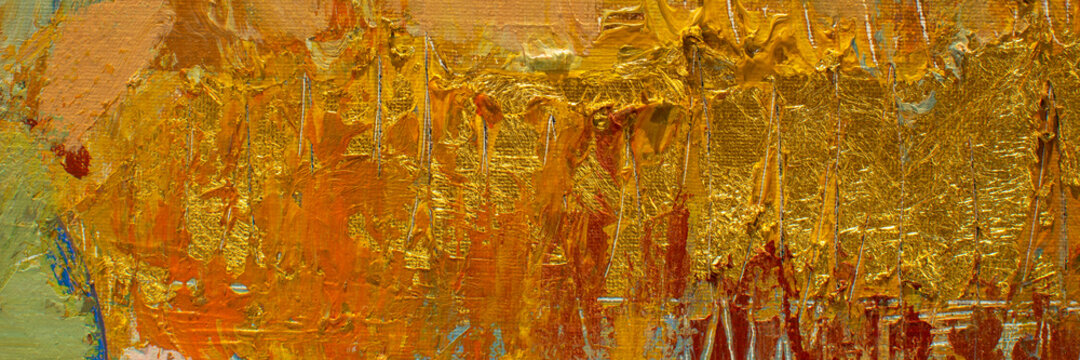Yellow oil painting on canvas. Original abstract acrylic orange paint. Gold thick paste. Real golden foil texture. Fine art banner for psychology concept, classic music theme. Artistic color backdrop.