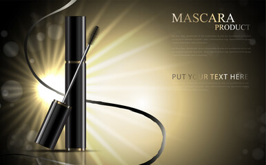 Luxury mascara ads, black and golden package with streamline background illustration vector design