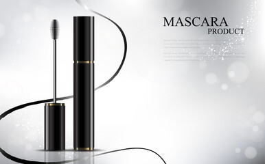 Luxury mascara ads, black and golden package with streamline background illustration vector design