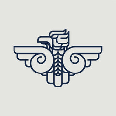 Modern, Monochrome, Geometric Cartoon Inca Bird Totem Outline Vector Logo Icon Illustration
