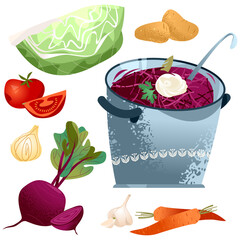 Traditional Ukrainian dish. Borscht soup with beets, cabbage, potatoes, onions, tomatoes, garlic and carrots.