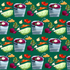 Traditional Ukrainian dish. Borscht soup with beets, cabbage, potatoes, onions, tomatoes, garlic and carrots. Seamless background pattern.