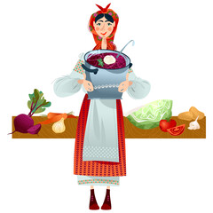 Girl in a traditional Ukrainian costume holds a pot with Borscht soup in her hand.