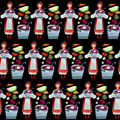 Girl in a traditional Ukrainian costume holds a pot with Borscht soup in her hand. Seamless background pattern.