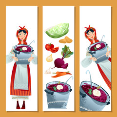 Set of 3 bookmarks with traditional Ukrainian dish. Borscht soup. Template.