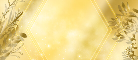 Yellow golden leaves with shadows and shiny elements and glitter effect on a light yellow background with a polygon frame and space for your own design.