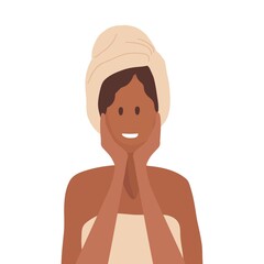 African American woman with towel on her head holds hands at face. Hand drawn beautiful woman portrait. Beauty spa treatment and relax concept. Flat vector illustration for cosmetic skin care concept.
