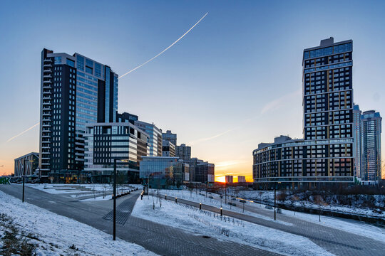 modern buildings and trees at sunrise