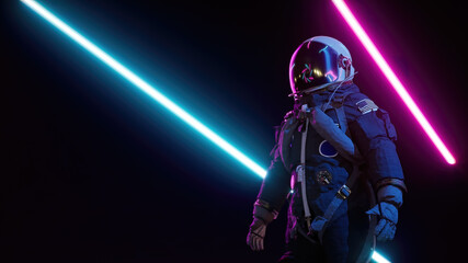 Naklejka premium Retrowave astronaut among neon laser beams. Futuristic background 3d render