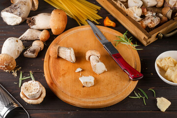 Forest mushrooms, spaghetti and cheese for pasta ingredients