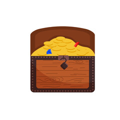 Pirate chest with gold and diamonds. Open the lid. Opened lock. Wooden chest. Find the treasure. Isolated on a white background. Flat style. Vector illustration
