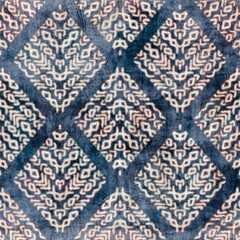 Seamless damask flourish motif Victorian-style surface pattern design for print. High-quality illustration. Luxurious fancy tapestry rug design for interior, wallpaper, or fabric. Navy blue and cream.