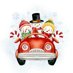 cute snowman riding red car 