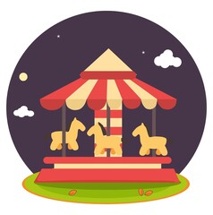 Vector illustration of a carousel to entertain children in the yard at night, theme park