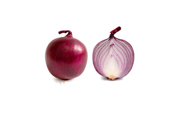 red onion head and red onion in cut isolated on a white background