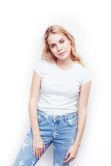 Fototapeta premium young pretty stylish blond hipster girl posing emotional isolated on white background happy smiling cool smile, lifestyle people concept