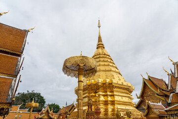 Fototapeta premium Beautiful golden pagoda in wat Phra That Doi Suthep, Chiangmai Thailand