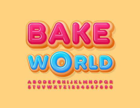 Vector tasty Emblem Bake World with bright Alphabet Letters. Original Red Font for Marketing and Promotion.