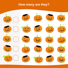 How many are they game. Counting Halloween item in the picture and write the result. Cute math worksheet. Educational printable math worksheet. Vector illustration.