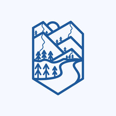Modern, Conceptual Mountain Line Badge Outdoor Adventure Sport And Apparel Logo