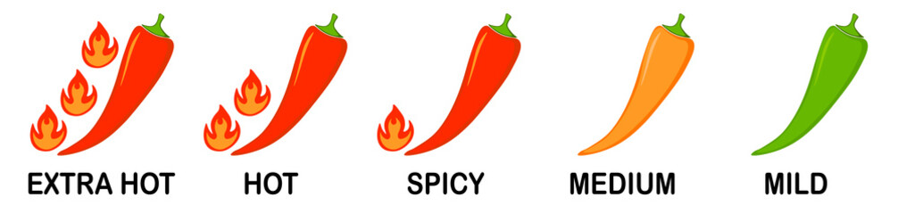 Spicy food in five levels - mild, medium, spicy, hot and extra hot. Chili pepper icon