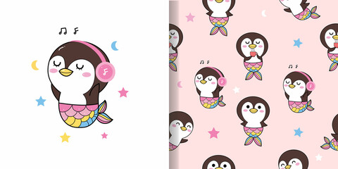 cute penguin mermaid cartoon pattern seamless on pink background with relax time. drinking coffee, listening music, and happy. © Knocknack
