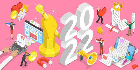 3D Isometric Flat Vector Conceptual Illustration of New Year Blogging Trends, Commercial Blog Posting