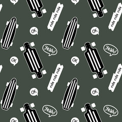 Vector Dark Illustration of Long Board and Phrase. Skateboarding Seamless Pattern with Textured Cartoon Skateboard. Line Art Style Skate on Black Color Background